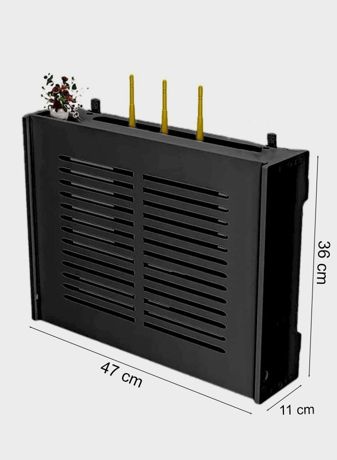 Eworld Stylish Wall-Mounted Router Rack for Wi-Fi Router, Set-Top Box, Light Cat Box, and More, Includes Doors and Patch Panel Shielding Box for Neat Storage, Black - Image 2