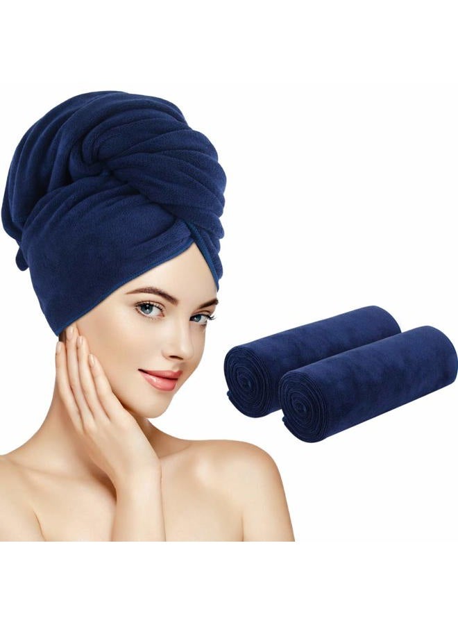 SUNLAND Microfiber Hair Towels Anti Frizz Hair Drying Towel Super Absorbent Fast Drying Turbans for Wet Curly Hair Soft Hair Towel Wrap with Elastic Band for All Hair Types 40 X 20 inches Navy Blue - Image 1