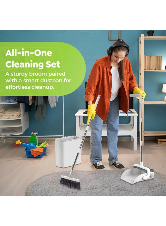 CleanMattix Broom and Dustpan Set with Sweeper & Trashcan – Indoor Outdoor Cleaning Supplies, Long Handle Upright Dust Pan, Compact Household Cleaning Tools for Kitchen, Office & Home Organization - Image 2