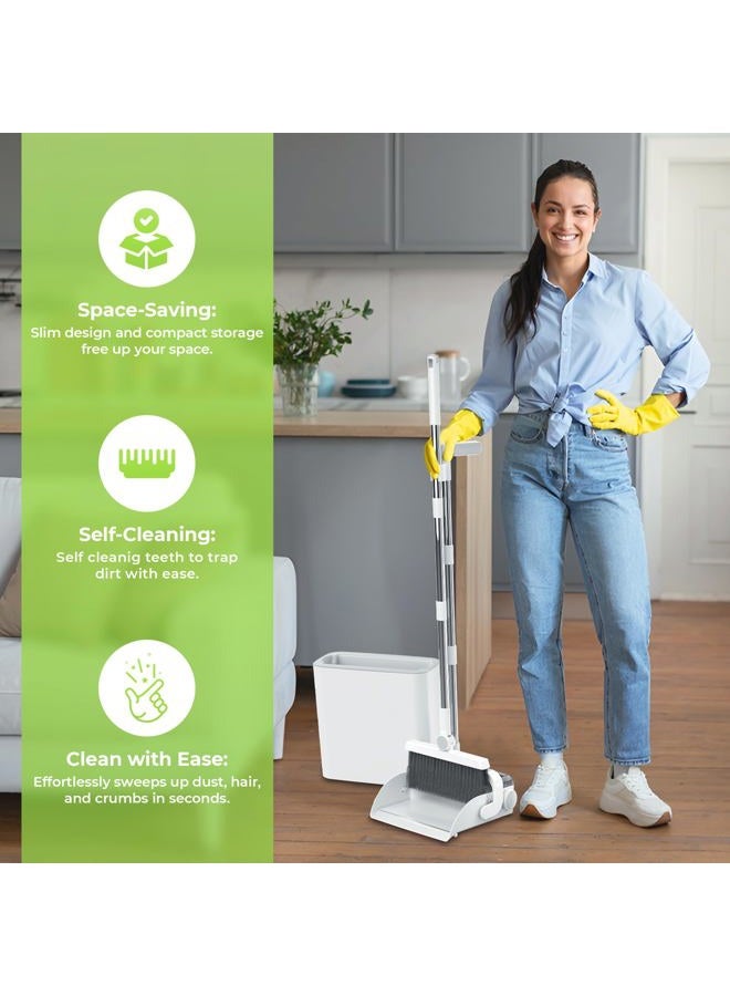 CleanMattix Broom and Dustpan Set with Sweeper & Trashcan – Indoor Outdoor Cleaning Supplies, Long Handle Upright Dust Pan, Compact Household Cleaning Tools for Kitchen, Office & Home Organization - Image 4