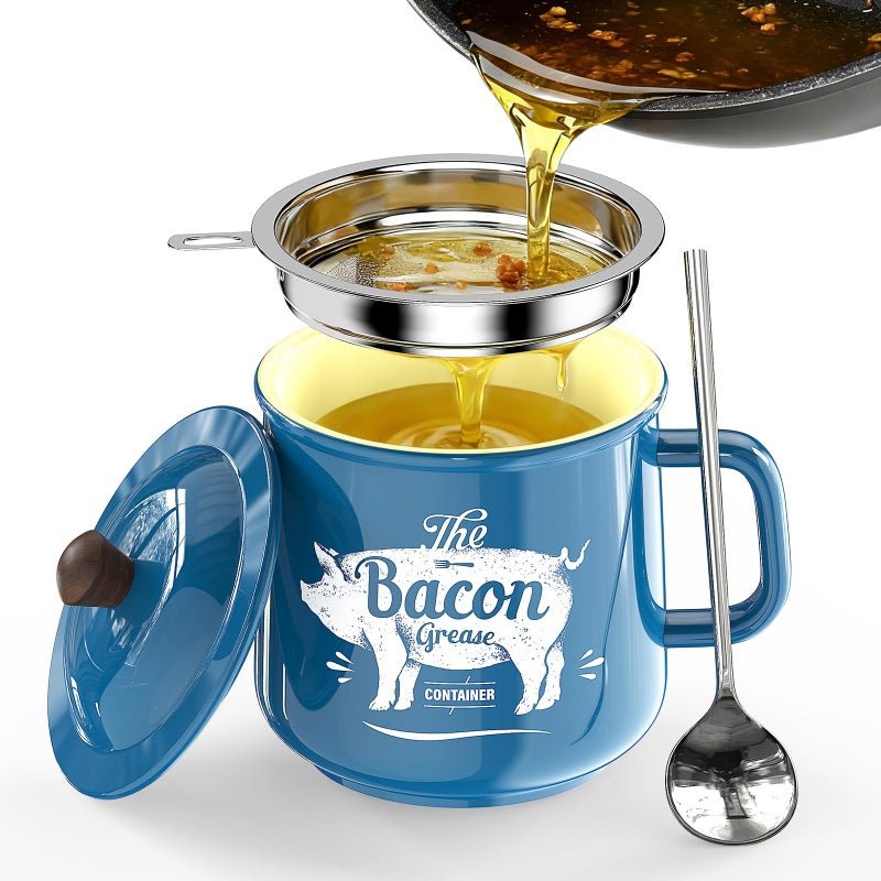 PGYARD Ceramic Bacon Grease Saver With Strainer - 23OZ Bacon Grease Container Farmhouse Keeper For Kitchen Fat Storage-Blue - Image 1