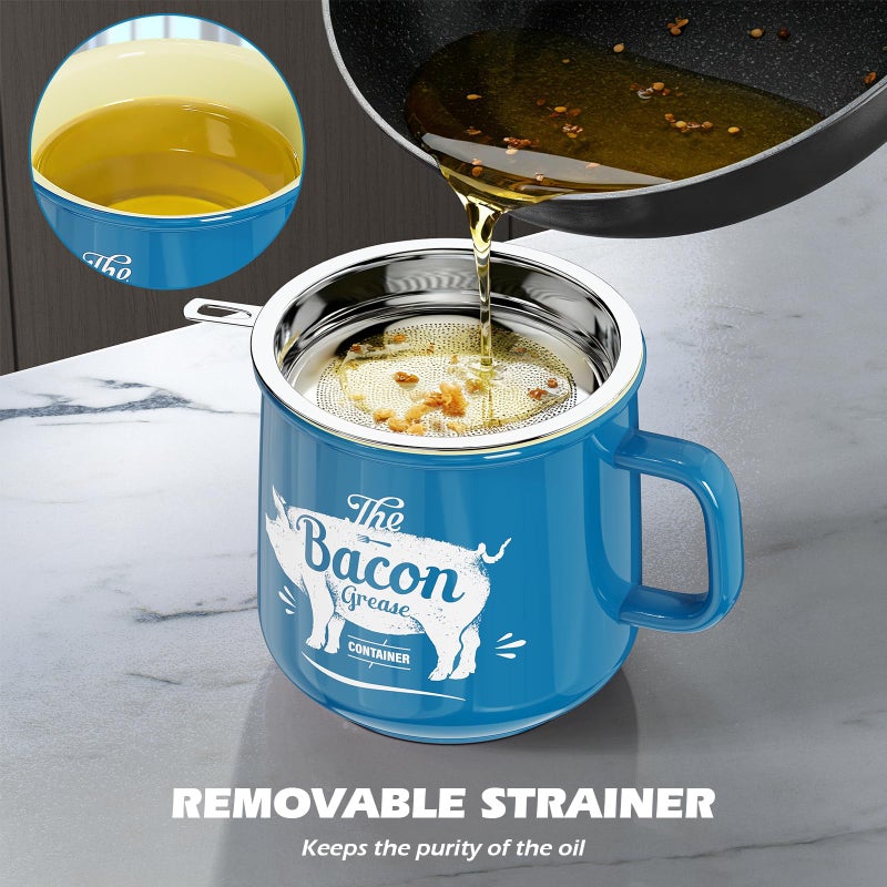PGYARD Ceramic Bacon Grease Saver With Strainer - 23OZ Bacon Grease Container Farmhouse Keeper For Kitchen Fat Storage-Blue - Image 5