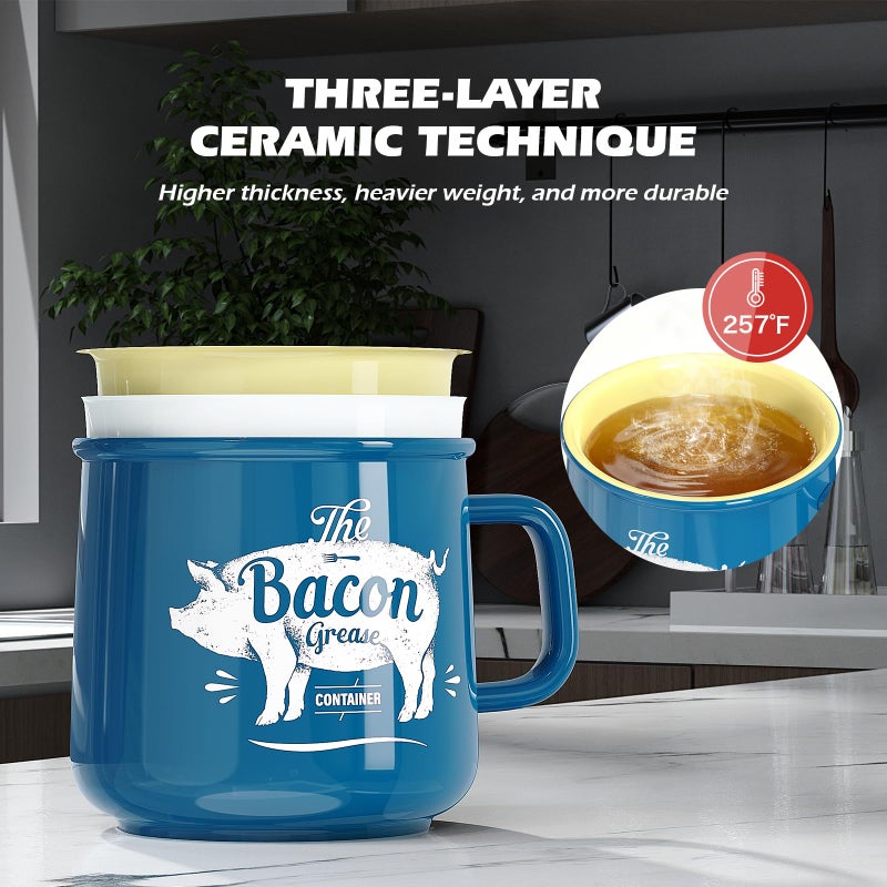 PGYARD Ceramic Bacon Grease Saver With Strainer - 23OZ Bacon Grease Container Farmhouse Keeper For Kitchen Fat Storage-Blue - Image 4