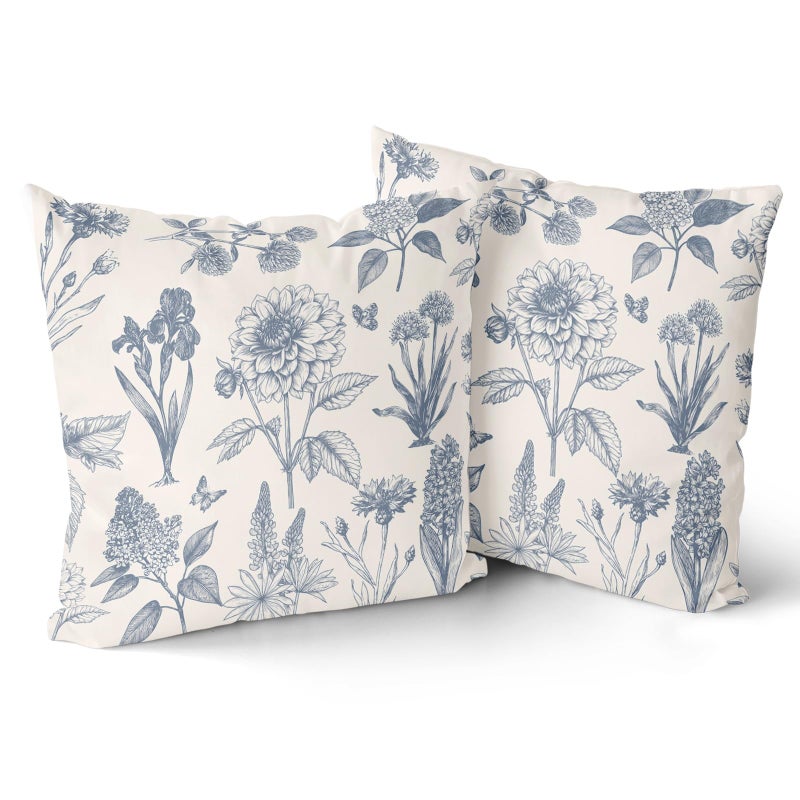 Giwawa Vintage Floral Throw Pillow Covers 18x18 Inch Set of 2 Neutral Accent Print Decorative Cushion Covers Farmhouse Boho Home Decor for Sofa Chair Couch Bedroom Living Room, Blue - Image 1
