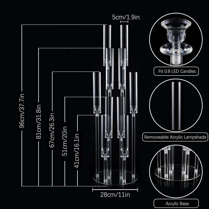 VINCIGANT 4 Sets 10 Arms Acrylic Candelabra Wedding Centerpiece,33.7Inches Floor Clear Candlesticks Holder with Acrylic Shade for Baby Shower Event Dinner Party Decoration(Fit 0.8Led Candles) - Image 4