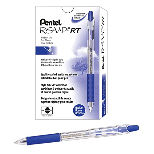 Pentel أقلام حبر جاف قابلة للسحب من بنتل® R.S.V.P.® RT، نقطة متوسطة، 1.0 مم، 61% معاد تدويره، أسطوانة زرقاء شفافة، حبر أزرق، عبوة من 12 قلم - Image 1