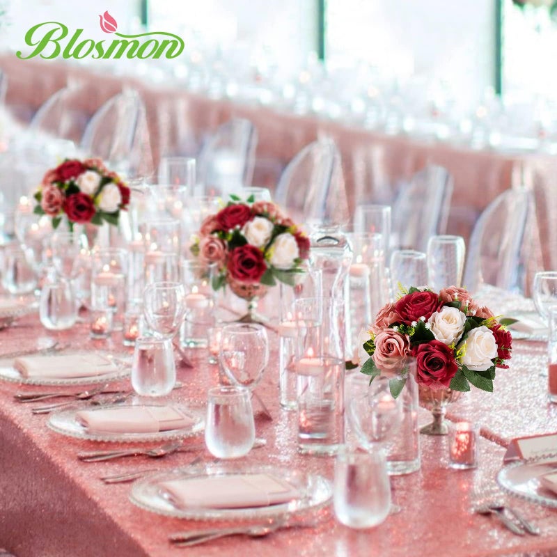 BLOSMON Flower Centerpieces Decoration for Table: 2 Pcs Burgundy & Dusty Rose & Creamy White Fake Roses Kissing Flower for Wedding - Artificial Silk Floral Arrangements Home Party DIY Decoration - Image 2