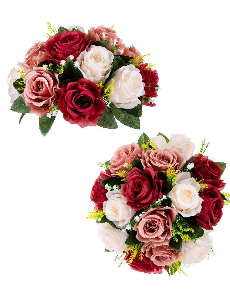 BLOSMON Flower Centerpieces Decoration for Table: 2 Pcs Burgundy & Dusty Rose & Creamy White Fake Roses Kissing Flower for Wedding - Artificial Silk Floral Arrangements Home Party DIY Decoration - Image 1