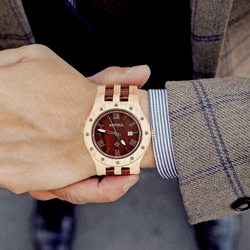 Bewell ساعات بي ويل W109A الخشبية الطبيعية للرجال كوارتز تاريخ مع مؤشرات مضيئة (قيقب وخشب الصندل الأحمر) - Image 5