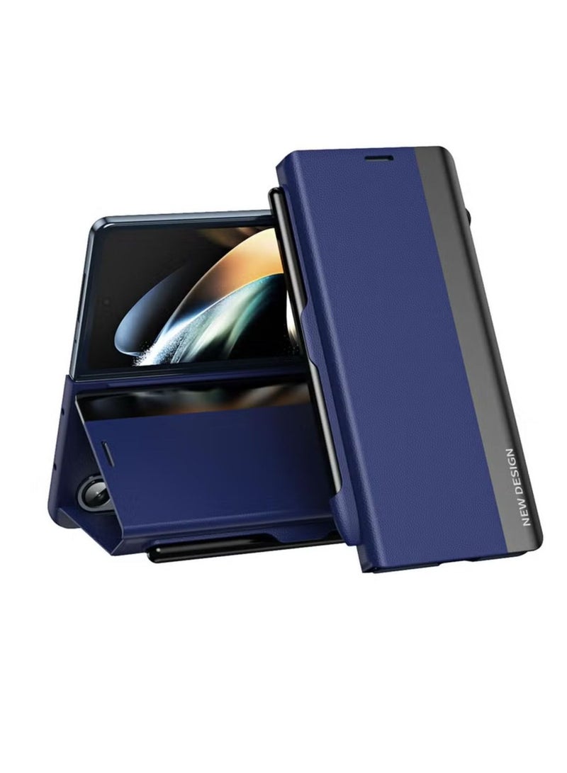 Case for Samsung Galaxy Z Fold 4 with Stand Design and Pen Holder and Pen (Not Original Pen), Full Body Protection Flip Cover PU Leather, Genuine Leather Magnetic Anti-drop Protective Case (Blue) - Image 1