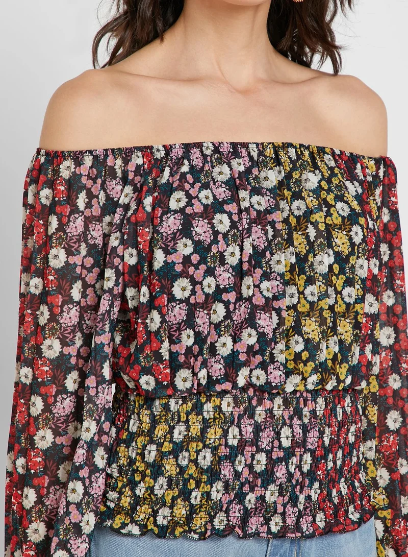 Ginger Floral Print Shirred Trim Bardot Top