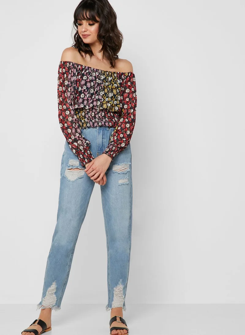 Ginger Floral Print Shirred Trim Bardot Top