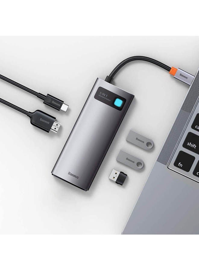 بيسوس محول وموزع 5 في 1 بمنفذ HDMI وUsb-C من سلسلة ميتال جليم رمادي - Image 2