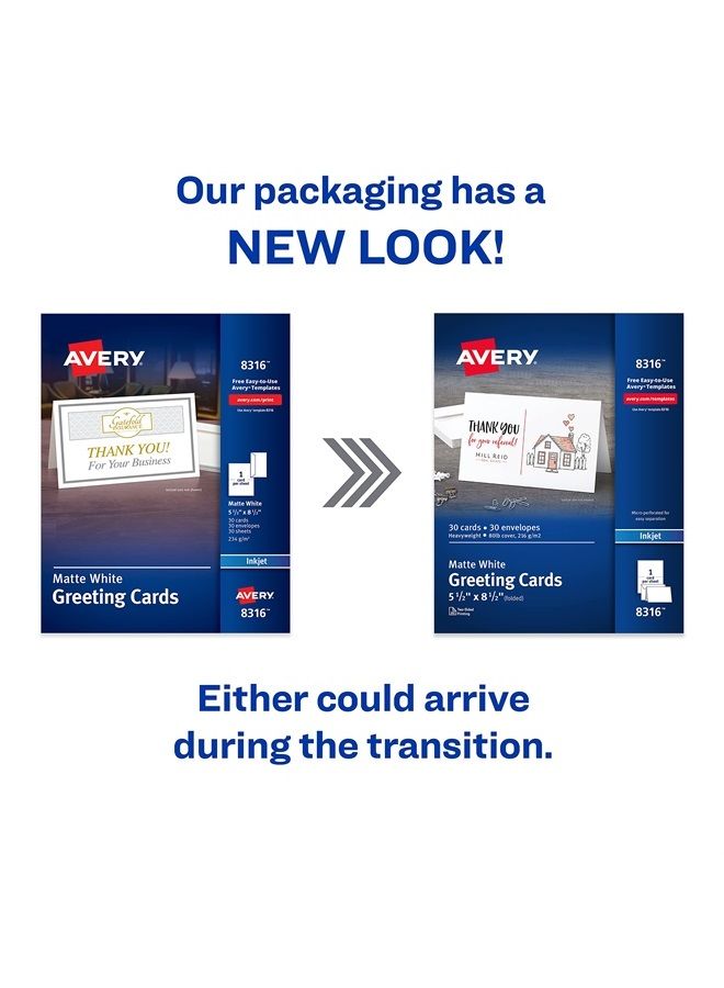 Avery Half-Fold Greeting Cards, Inkjet, 5.5 x 8.5, Matte White, Box of 30, Envelopes Included (8316) - Image 2