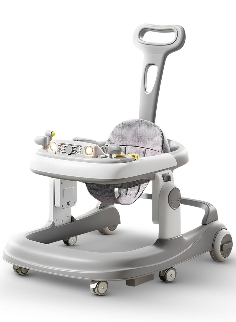 BAYBEE 3 in 1 Rollo Baby Walker for Kids, Baby Push Walker with Parental Push Handle, 5 Adjustable Height, Speed Adjustable, Foldable Kids Walker with Light, Tray & Musical Toddler Walker for Baby 6 to 24 Months Boy Girl Grey - Image 1
