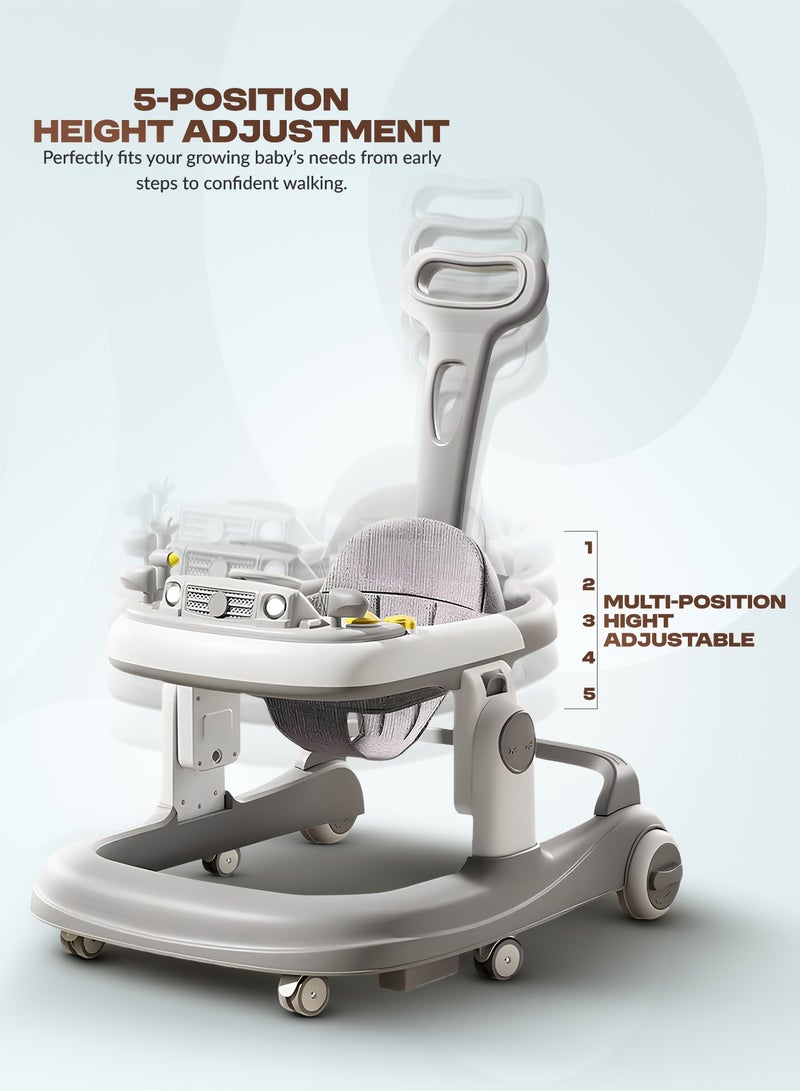 BAYBEE 3 in 1 Rollo Baby Walker for Kids, Baby Push Walker with Parental Push Handle, 5 Adjustable Height, Speed Adjustable, Foldable Kids Walker with Light, Tray & Musical Toddler Walker for Baby 6 to 24 Months Boy Girl Grey - Image 3