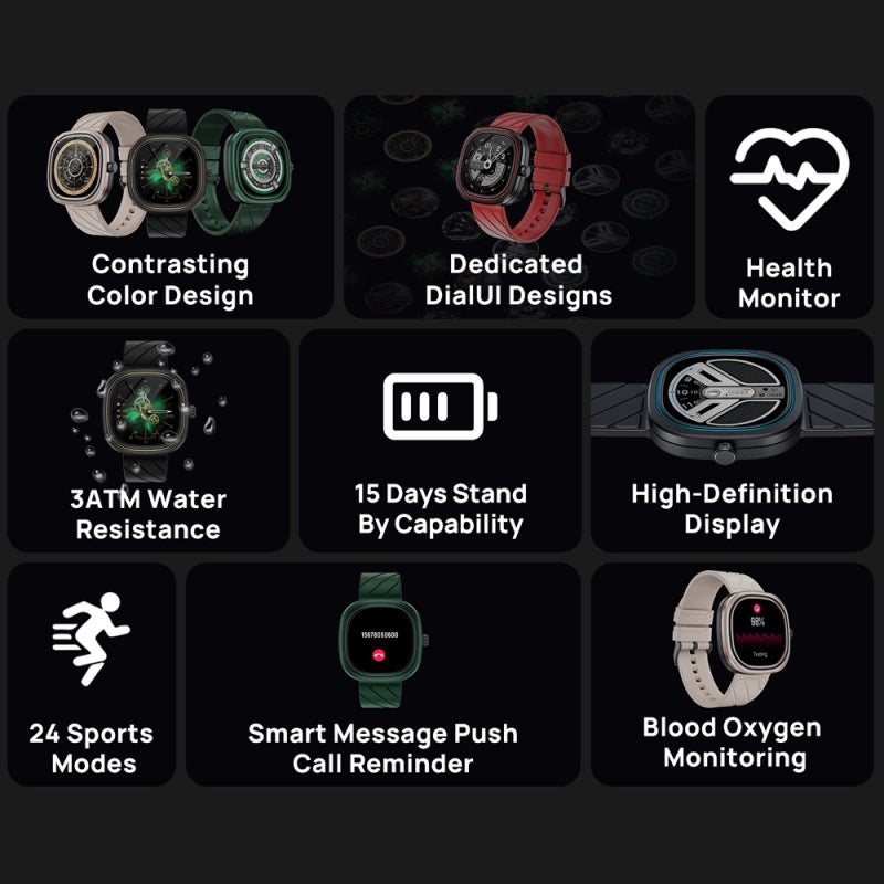 Health Monitor Smart Watch: Green Round Dial Square Frame - 24-Hour Real-Time Heart Rate Monitor 3ATM Water Resistance 15 Days Standby Capability for Daily Life Fitness Enthusiasts - Image 3