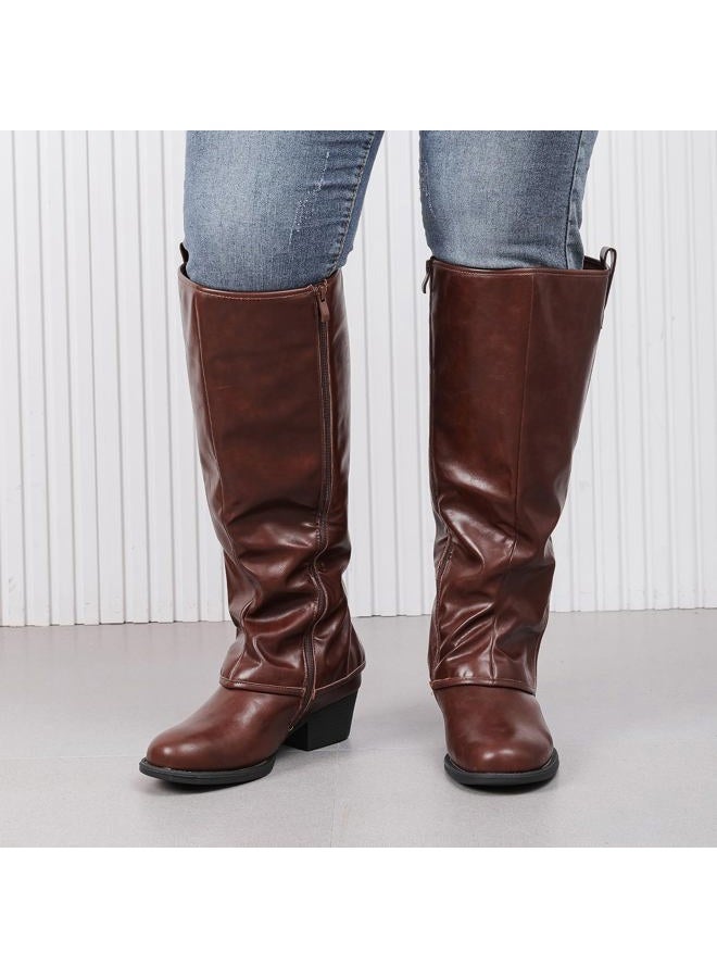 Luoika Women's Extra Wide Calf Knee High Boots, Wide Width Low Heel Side Zipper Plus Size Knee-High Boots., Brown208, 8 X-Wide - Image 2