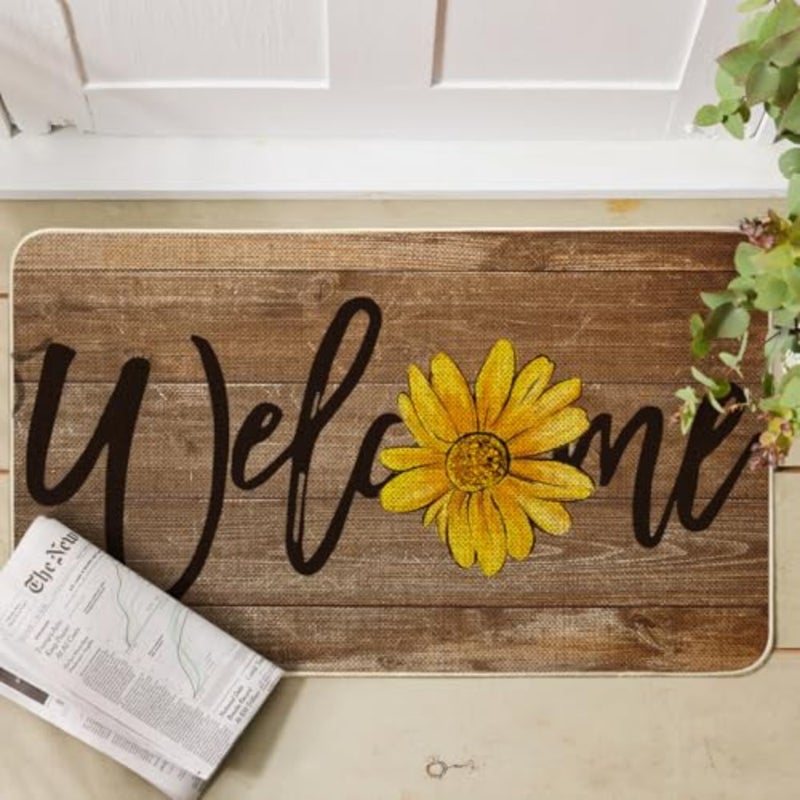Wood Sunflower Welcome Summer Home Decor Low-Profile Switch Rug Door Mat for Indoor Outdoor 17x29 Inch - Image 2