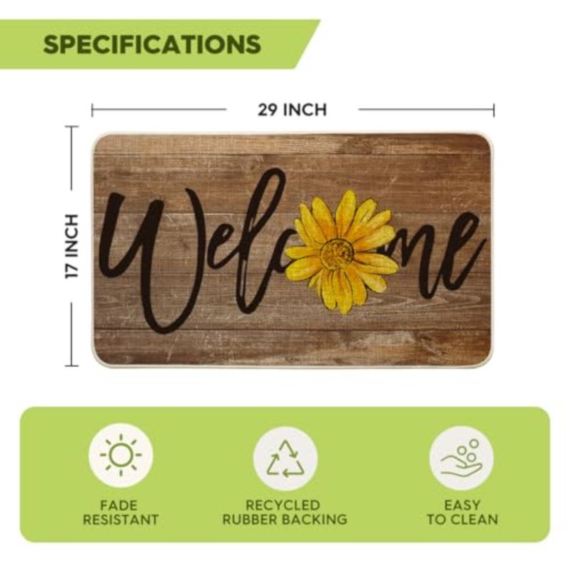 Wood Sunflower Welcome Summer Home Decor Low-Profile Switch Rug Door Mat for Indoor Outdoor 17x29 Inch - Image 3