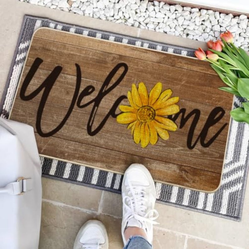 Wood Sunflower Welcome Summer Home Decor Low-Profile Switch Rug Door Mat for Indoor Outdoor 17x29 Inch - Image 4