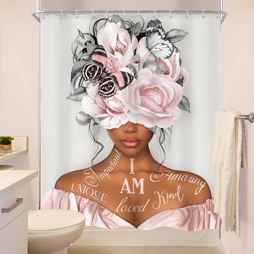 MESHELLY Black Girl Shower Curtain 60Wx72H Gray Pink Shower Curtain Peony Floral African American Motivational Quotes Bathroom Curtain Grey Butterfly Fabric Bathroom Accessories Decor with 12 Hooks - Image 4
