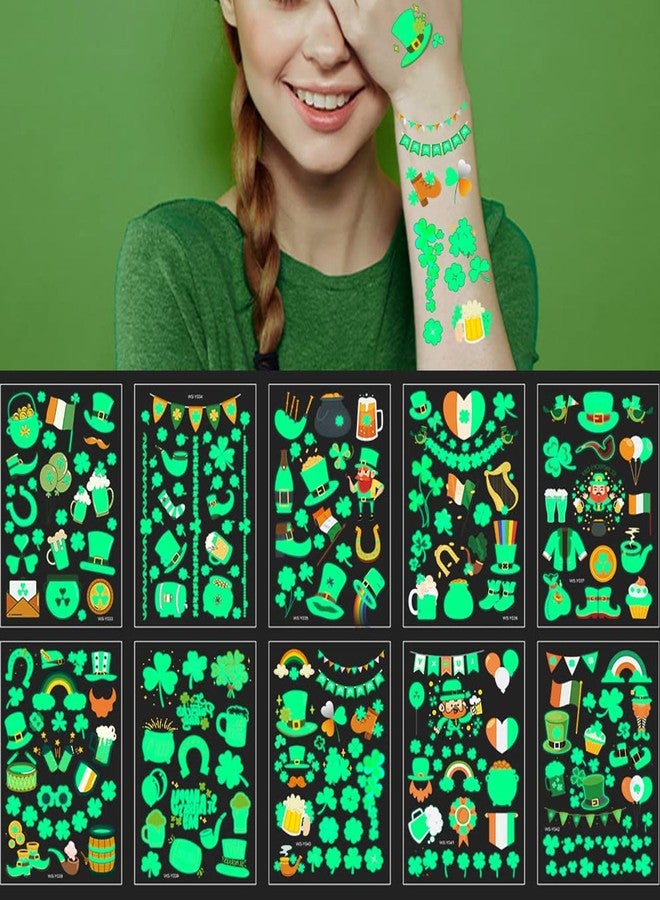 Felico St Patricks Day luminous Temporary Tattoos, 145pcs Irish Festival Glow in The Dark Tattoos, St Patrick's Day Stickers Decorations, Green Shamrock Clover Hat Kiss Me Irish Decor Favors Parade Supplies - Image 1