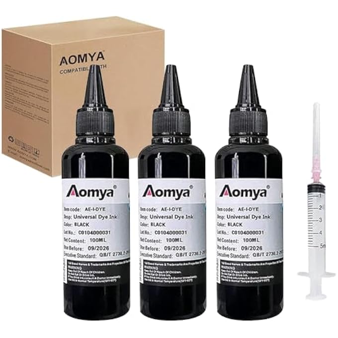 3 BOTTLES BLACK DYE INK INK CARTRIDGES UNIVERSAL PRINTER REFILL INK 300ML REPLACEMENT FOR HP CANON EPSN LEXMARK BROTHER REFILLABLE INK CARTRIDGES CISS CIS SYSTEM, 100ML X 3 - Image 1