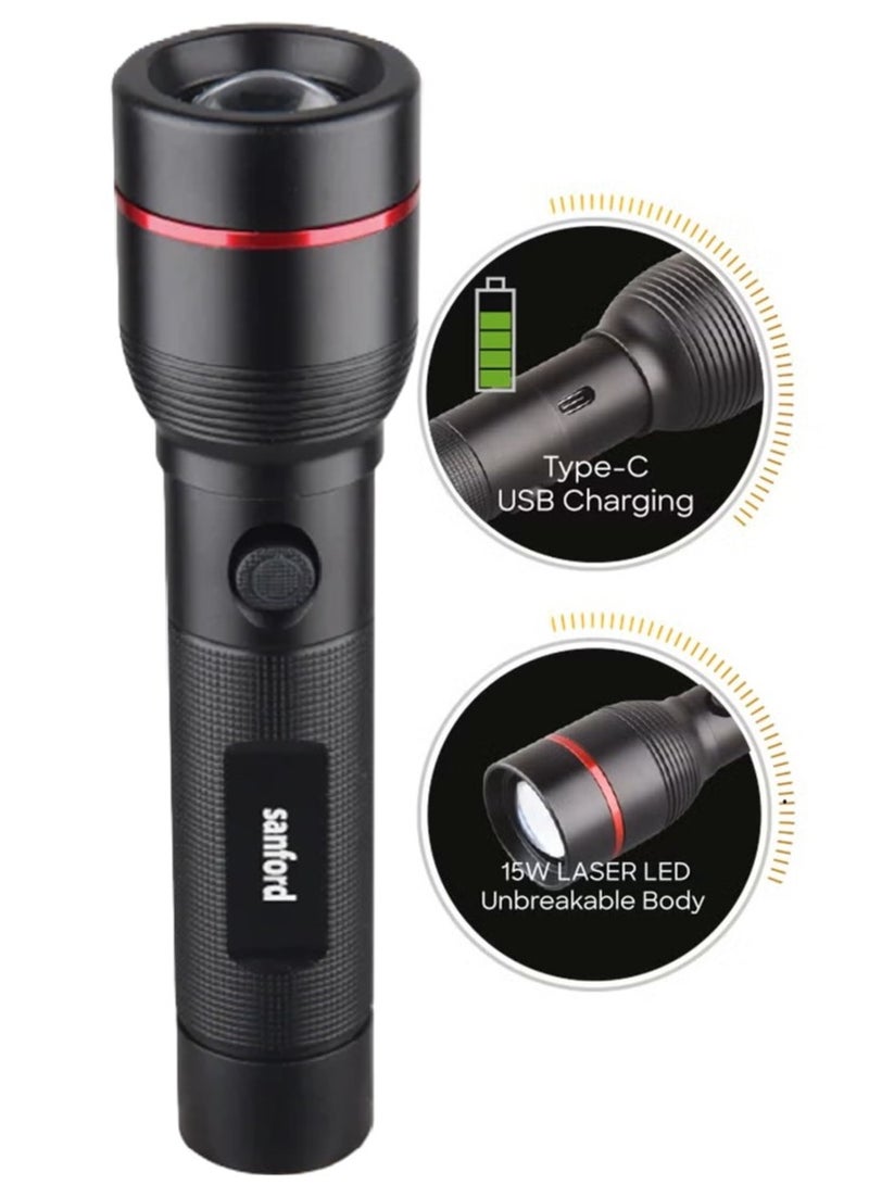 Sanford Rechargeable LED Searchlight - LED Torch with 1800 Meters Range, Portable Design & 5.4 Hours Working Perfect for Camping Bicycle Hiking & Emergency 1000Lumens, Zoom + 5 Function Lighting Modes (SFG4674SL) - Image 1