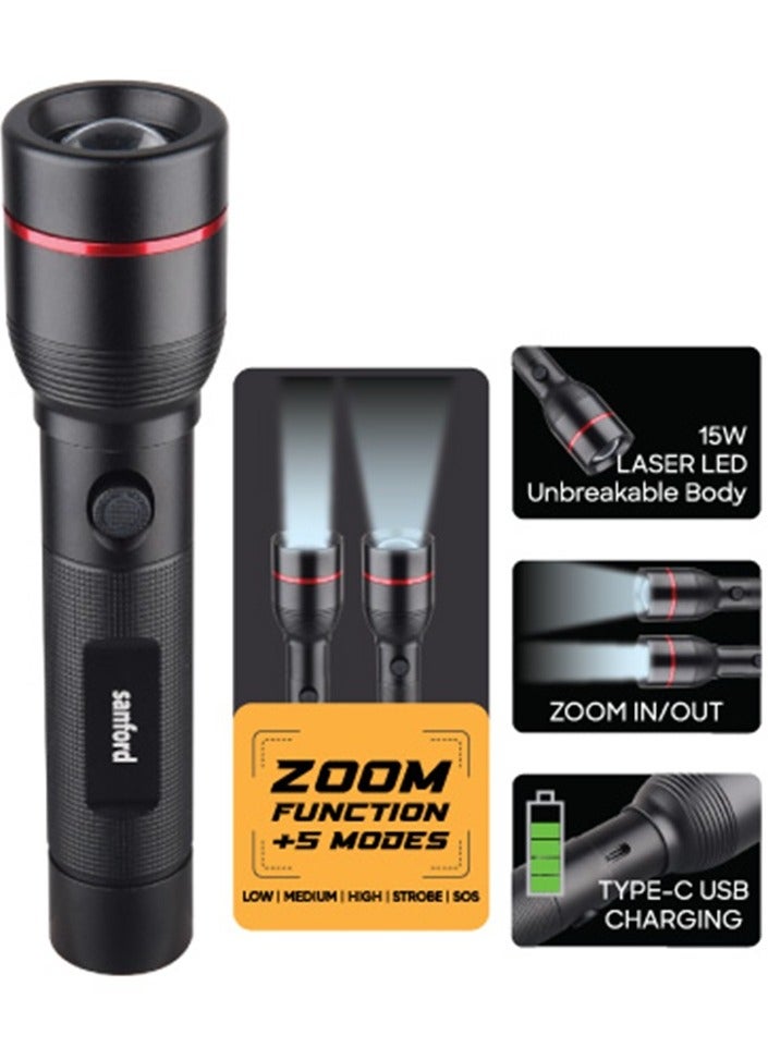 Sanford Rechargeable LED Searchlight - LED Torch with 1800 Meters Range, Portable Design & 5.4 Hours Working Perfect for Camping Bicycle Hiking & Emergency 1000Lumens, Zoom + 5 Function Lighting Modes (SFG4674SL) - Image 3