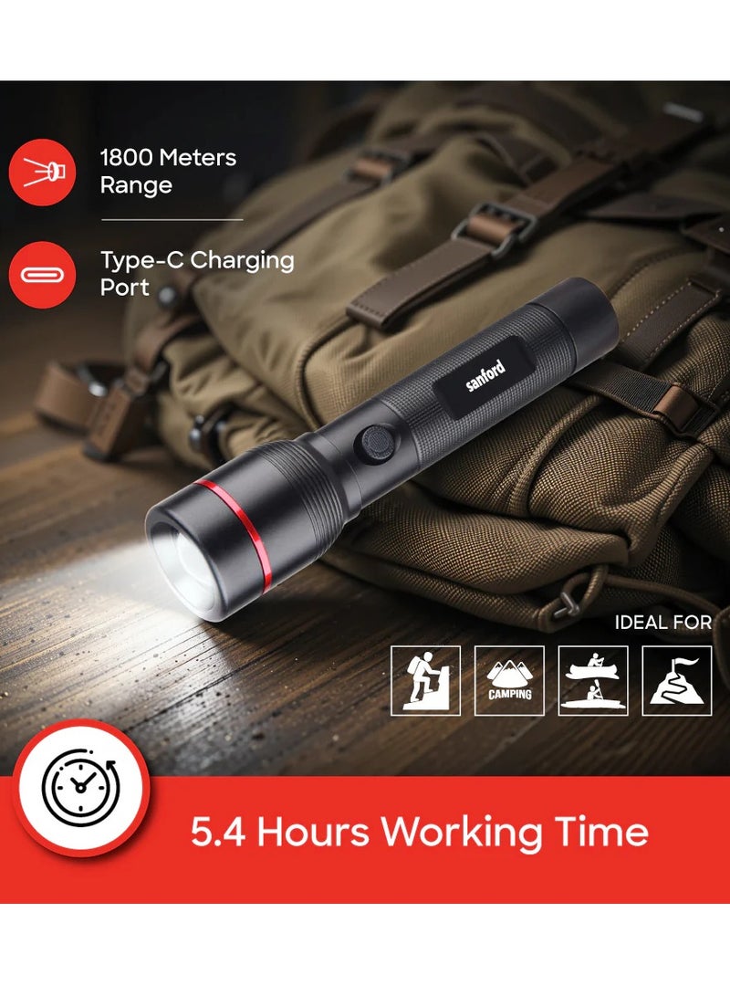 Sanford Rechargeable LED Searchlight - LED Torch with 1800 Meters Range, Portable Design & 5.4 Hours Working Perfect for Camping Bicycle Hiking & Emergency 1000Lumens, Zoom + 5 Function Lighting Modes (SFG4674SL) - Image 4