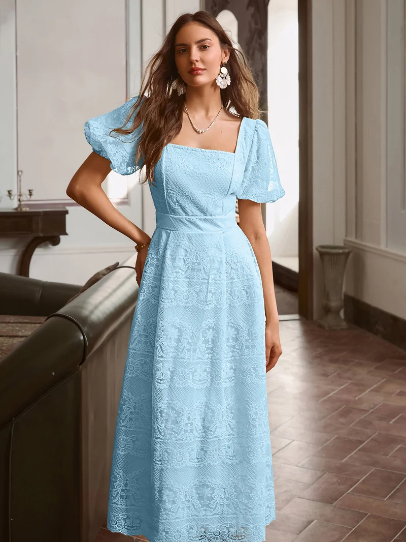 Simplee Square Neck Puff Short Sleeve Textured Maxi Dress, Waist Cinched A Line Skirt, Gentle Office Dress