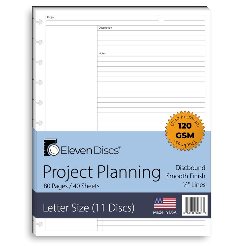 Eleven Discs Discbound Paper, Letter Size Project Planning Sheets - Premium 120gsm Heavyweight Notebook & Planner Refills - 11 Discs, 8.5 x 11 in - Punched for Circa, Arc, TUL (40 Sheets)