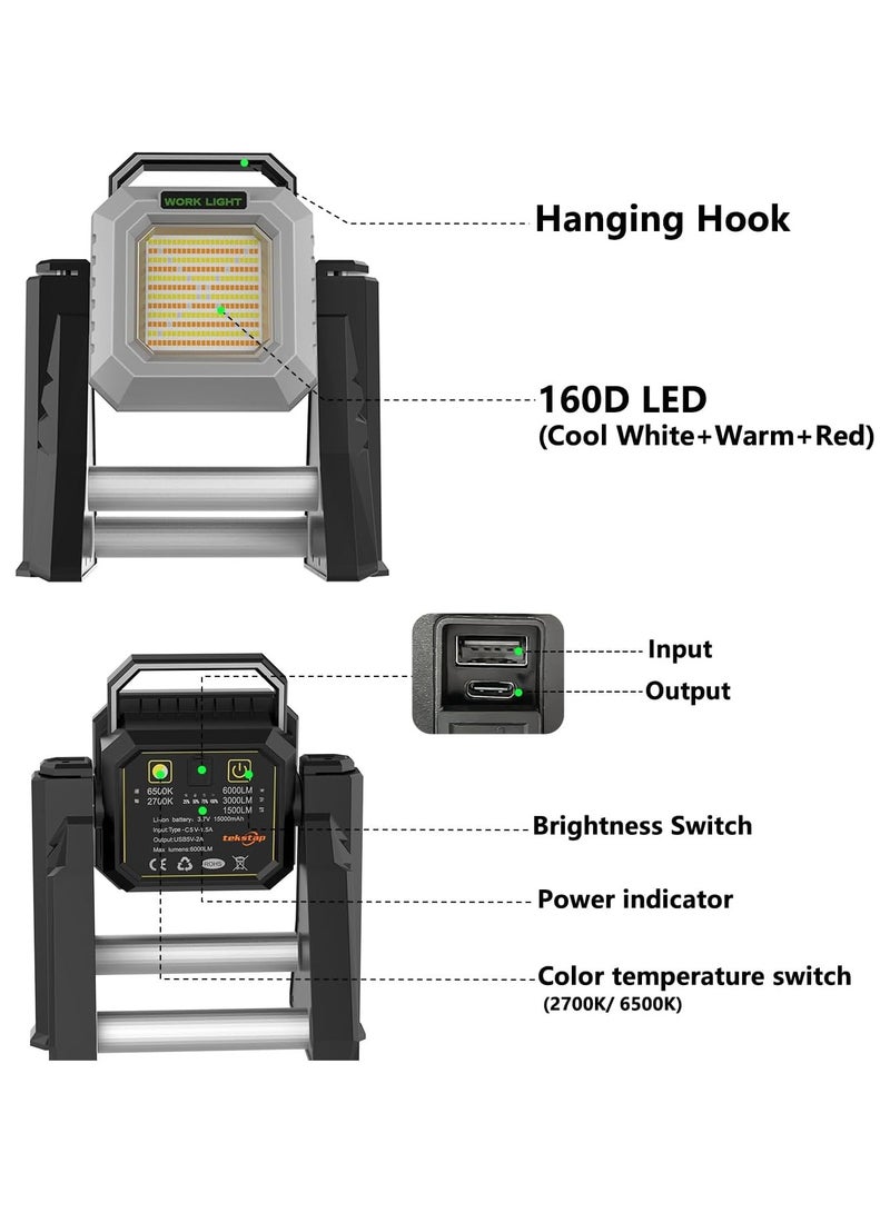 مصباح عمل LED لاسلكي 6000LM مع بطارية قابلة لإعادة الشحن 15000 مللي أمبير في الساعة - حامل تلسكوبي، ضوء فيضانات خارجي مقاوم للماء IP65 لإصلاح السيارات والجراج والحديقة والفناء الخلفي - Image 3