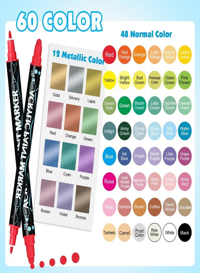FUMILE 60 Colors Acrylic Paint Marker Dual Tip(Fine and Dot Tip), Paint Pens Acrylic Markers for Wood, Rock, Plastic, Glass, Ceramic, Canvas.Acrylic Markers Set for DIY Christmas Gifts and Art - Image 3