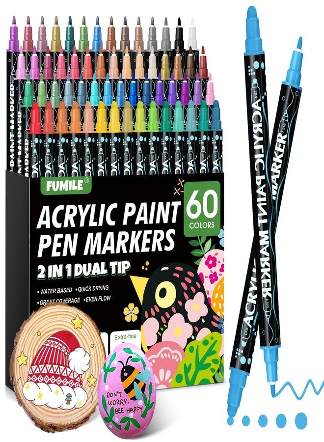 FUMILE 60 Colors Acrylic Paint Marker Dual Tip(Fine and Dot Tip), Paint Pens Acrylic Markers for Wood, Rock, Plastic, Glass, Ceramic, Canvas.Acrylic Markers Set for DIY Christmas Gifts and Art - Image 1