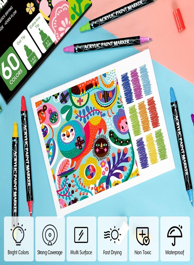 FUMILE 60 Colors Acrylic Paint Marker Dual Tip(Fine and Dot Tip), Paint Pens Acrylic Markers for Wood, Rock, Plastic, Glass, Ceramic, Canvas.Acrylic Markers Set for DIY Christmas Gifts and Art - Image 4