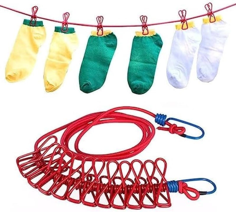 AFPIN 2pc Rope for Cloth Drying ElasticCloth Drying Rope with Hooks Cloth Drying Rope Rope for Hanging Clothes Cloth Rope with Hook Cloth Rope Cloth Rope for Balcony 12 Clips - Image 2