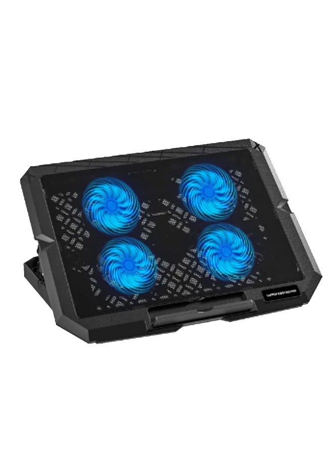 قاعدة تبريد لابتوب احترافية خفيفة الوزن، 4 مراوح قوية وهادئة بإضاءة LED لتبريد سريع وفعّال، 8 مستويات ارتفاع قابلة للتعديل لراحة أكبر وتقليل الإجهاد أثناء الاستخدام، حاجز مانع للانزلاق يحافظ على ثبات الجهاز، مزوّدة بمنفذي USB ، ومتوافقة مع معظم أجهزة اللابتوب – الحل الأمثل للألعاب، الدراسة، أو العمل لساعات طويلة 