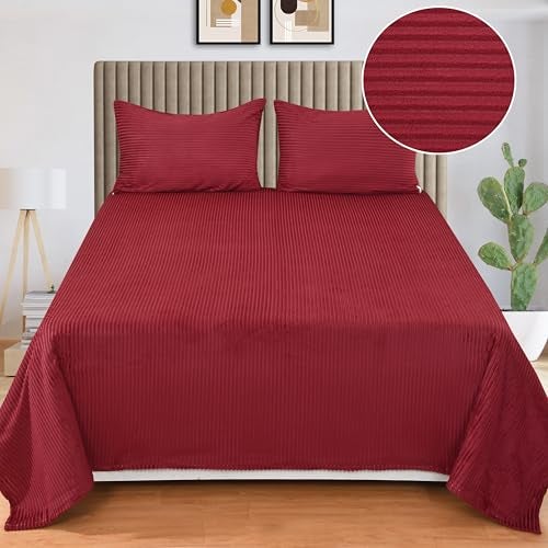 KAWI Velvet Pencil Print Woolen Warm 90"x100" King Size Bedsheet for Winter Season with 2 Zipper 18"X28" Pillow Cover -Maroon Colour, 350 TC - Image 1