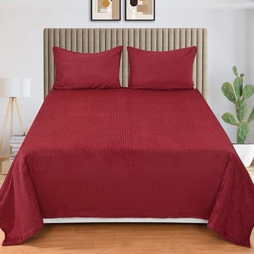 KAWI Velvet Pencil Print Woolen Warm 90"x100" King Size Bedsheet for Winter Season with 2 Zipper 18"X28" Pillow Cover -Maroon Colour, 350 TC - Image 2