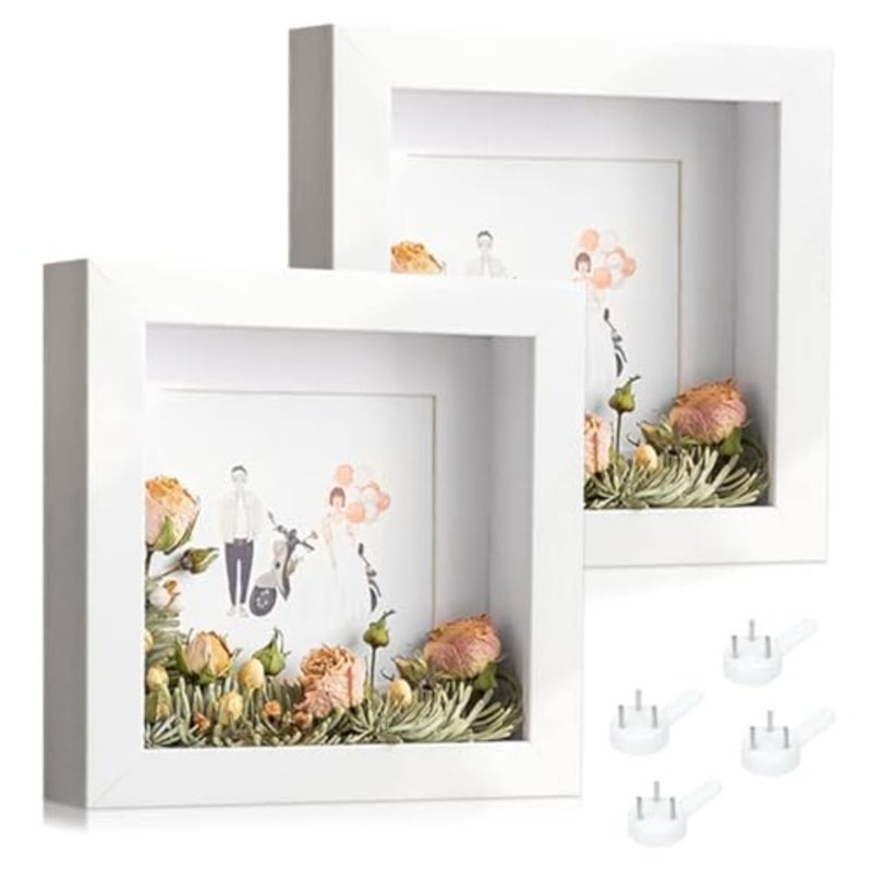 3D Picture Frame for Filling, Pack of 2 Deep 3D Object Frame 20x20 cm, Picture Box Wood, Deep Frame Wooden Shadow Box Frame for Baby Wedding Favours, Photos, Flowers, Tickets, White, Square - Image 1