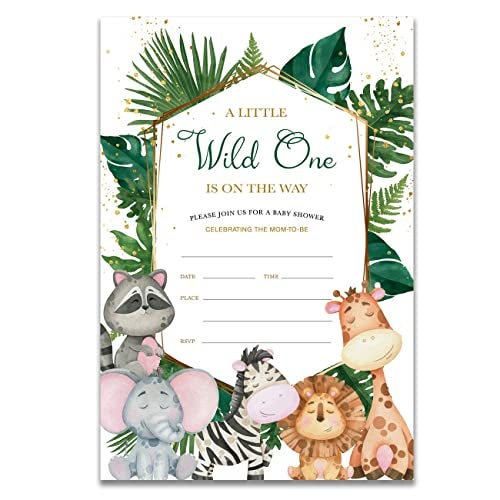 YIDOU Safari Wild One Boy Baby Shower Party Invitations Jungle Fill in Invites Cards 20 Invitations and Envelopes (Double Sided) - Image 1