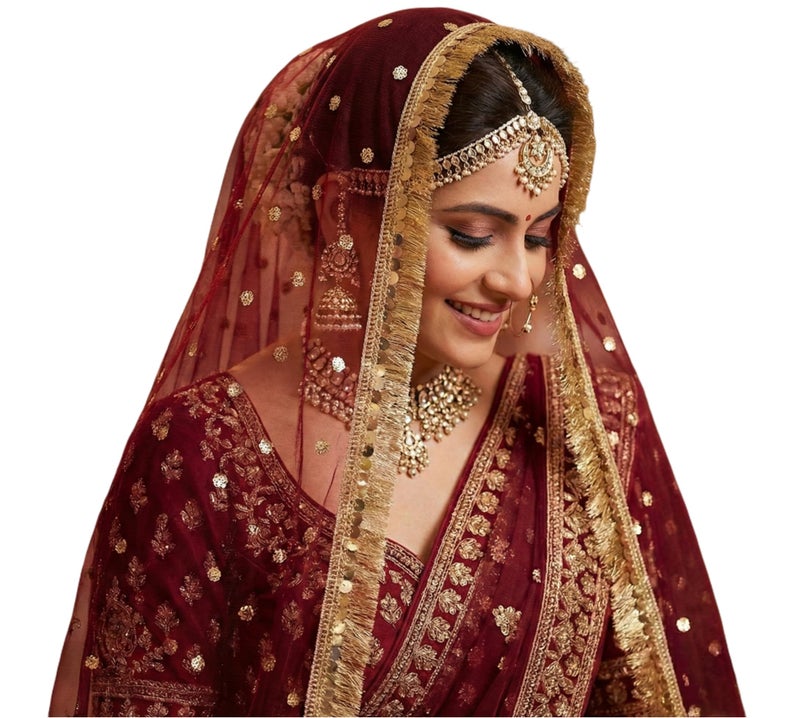 Navti Creations Women's Lightweight Net Dupatta With Sequence Embroidery & Kiran Border (Length 2.25m) (Maroon) - Image 1