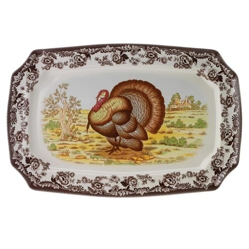 Spode Spode Woodland 175 Rectangular Serving Platter Turkey Motif  Fine Porcelain Thanksgiving Dinnerware with British Flower Boarder  Holiday Feasts and Family Gatherings Microwave  Dishwasher Safe 