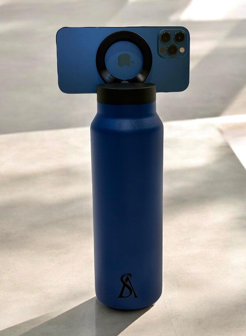 Insulated Water Bottle for any Phone w/Magnetic Phone Mount - MagSafe Compatible Water Bottle - Stainless Steel Water Bottle w/Tripod Phone Holder - Hot 12H, Cold 24H, 360° Rotate - BLUE 710ML - Image 1