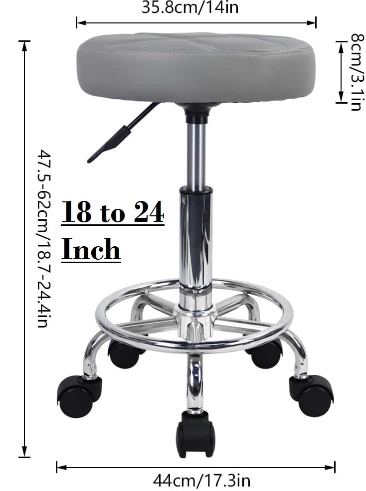 CSS ® Round Rolling Stool Chair | PU Leather | Height Adjustable (18 to 24 inches) | Swivel Drafting Stool with Wheels | Ergonomic Small Office Chair for SPA, Salon, Shop, Clinic, Workstation (Gray) - Image 2