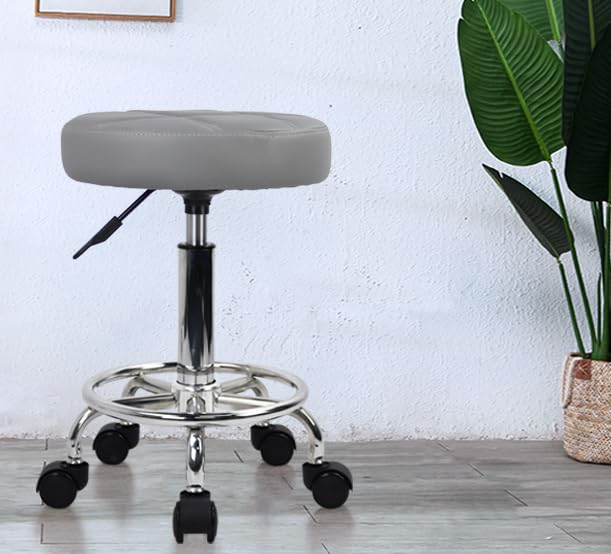 CSS ® Round Rolling Stool Chair | PU Leather | Height Adjustable (18 to 24 inches) | Swivel Drafting Stool with Wheels | Ergonomic Small Office Chair for SPA, Salon, Shop, Clinic, Workstation (Gray) - Image 1