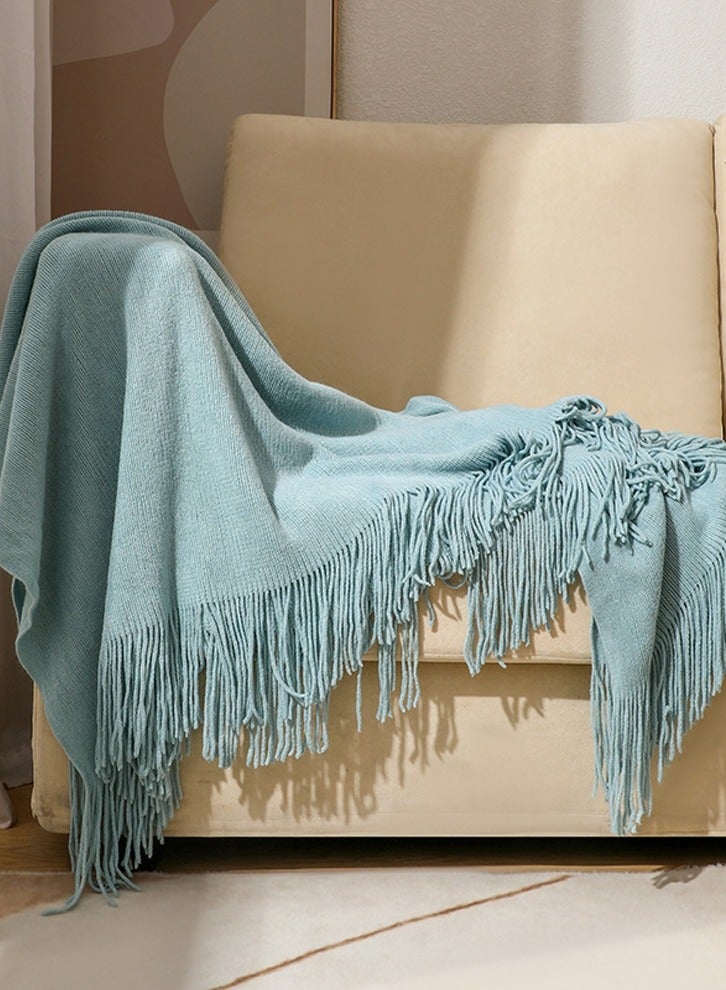 Loquat Solid Color Tassel Design Knitted Soft Throw Blanket Keep Warm Light Blue 