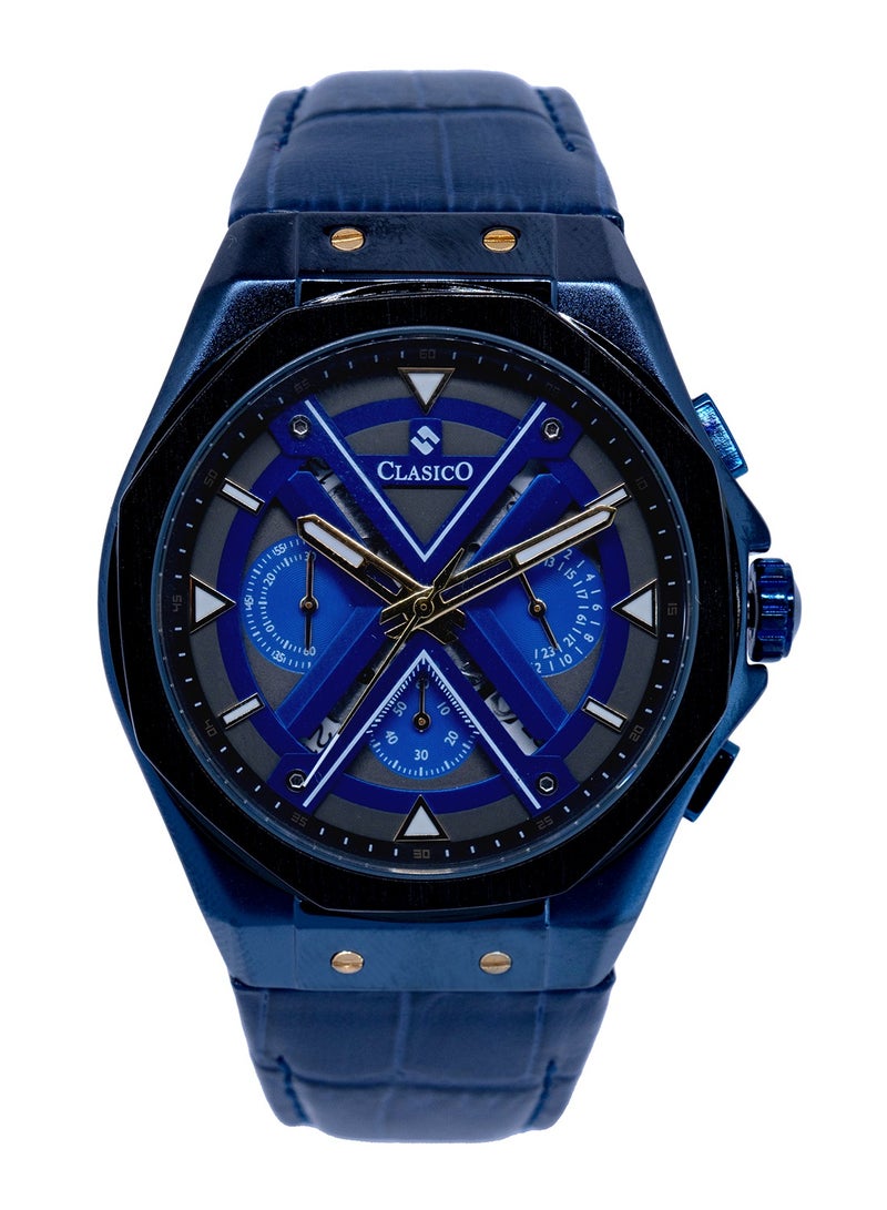 Grandeur 6-Hands Chronograph Watch – Royal Blue Chronograph Edition with Genuine Leather Strap – Elite Y121 Calibre Movement – Waterproof Design